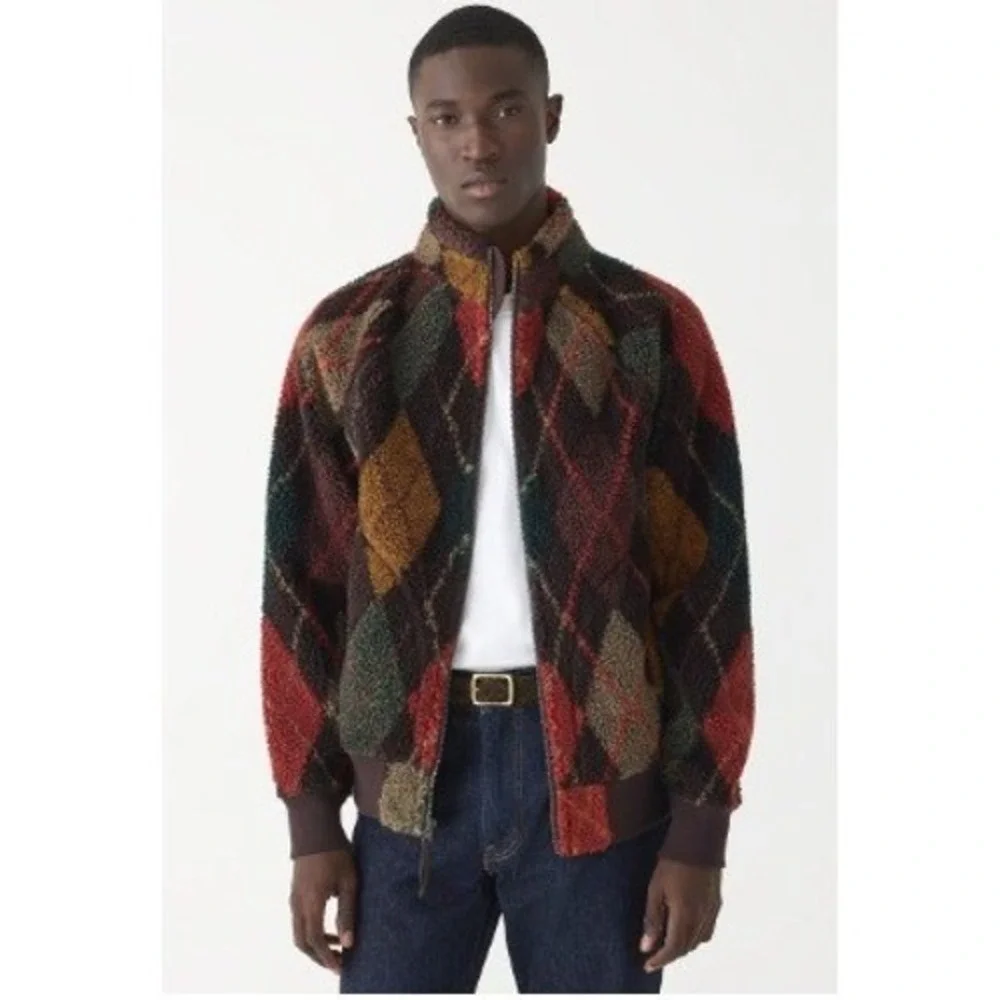 J.Crew Nordic Sherpa Fleece Jacket Mens L Brown Argyle Full Zip Warm Gorpcore